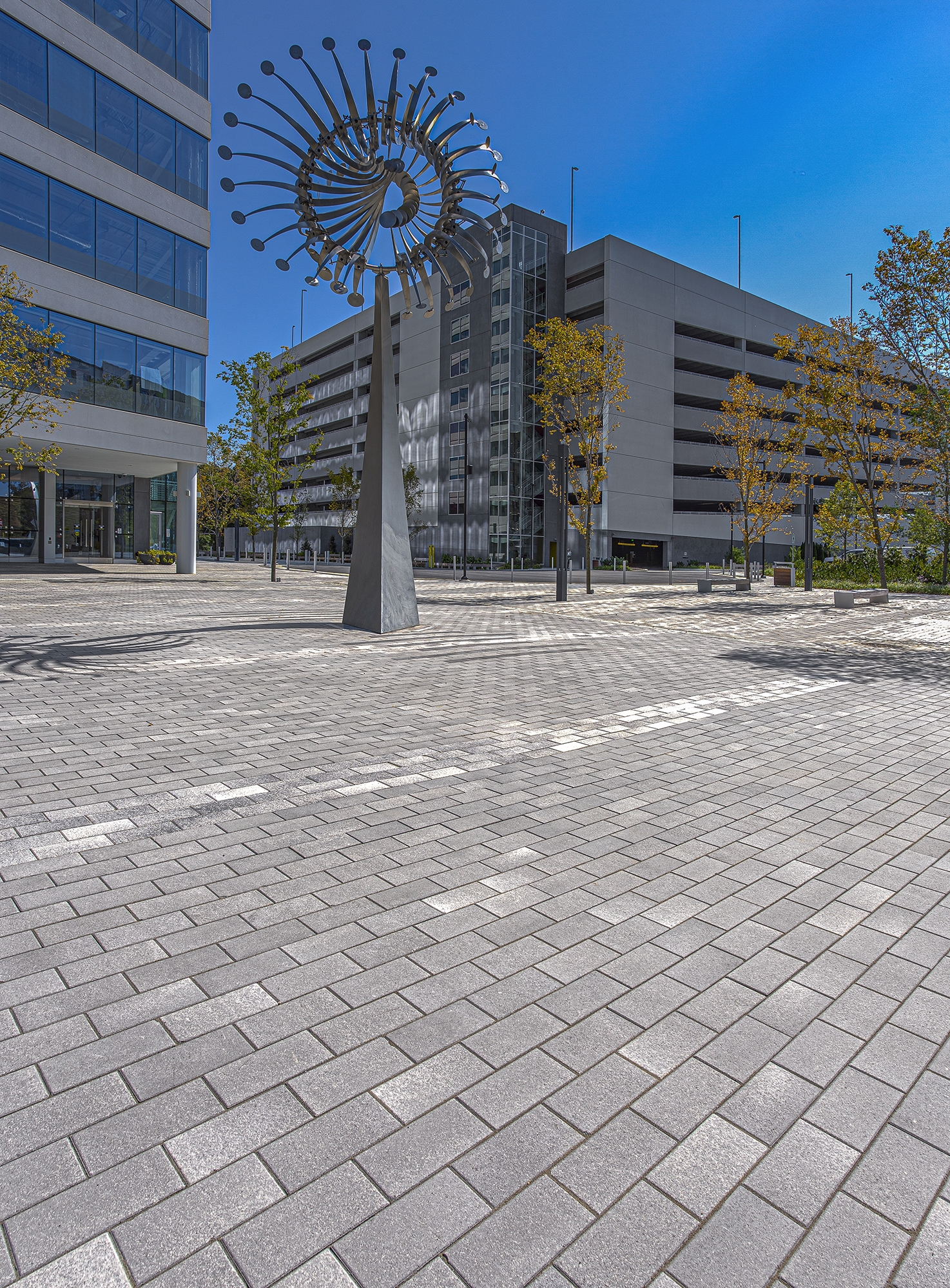 Two-toned rectangle pavers provide a neutral paver base for several vertical elements, including trees and a metal fan-like feature.